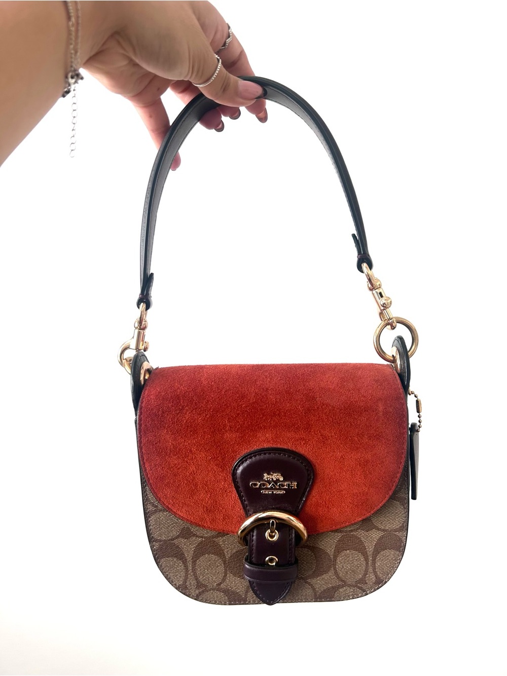 Coach Signature Suede & Canvas Saddle Bag in Rust Orange and Canvas